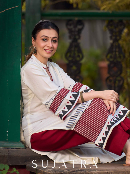 Artisan Off White Rayon Kurta with Hand Block Printed Geometric Patterns