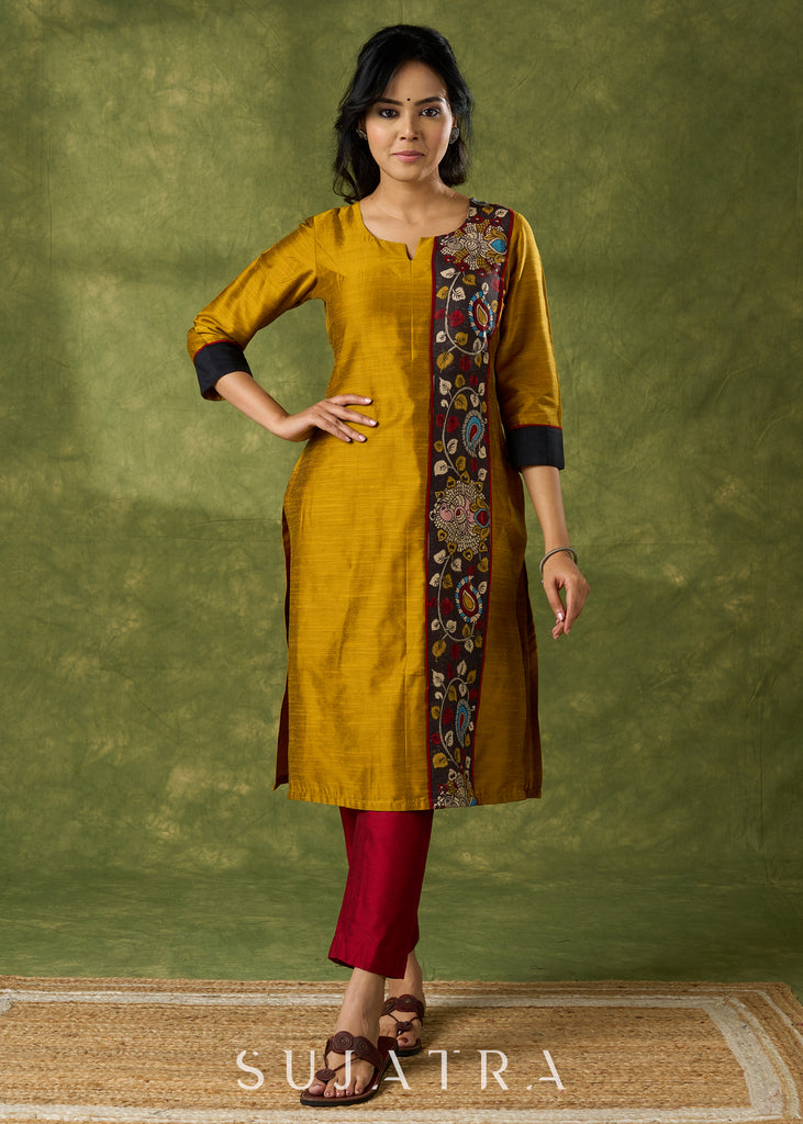 Elegant Mustard Cotton Silk Kalamkari Kurta - Pant Optional
