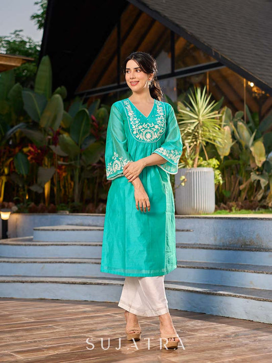 Exquisite Aqua Blue Chanderi Kurta with Intricate Kashida Embroidery