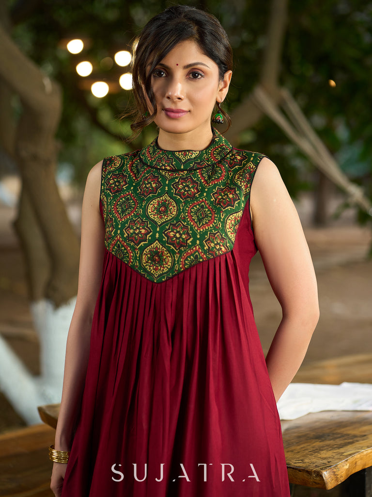 Maroon Halter Neck Kurta with Structured Pleats and Ajrakh Yoke