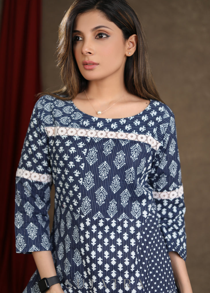 Smart Cotton Indigo Printed Top with White Lace