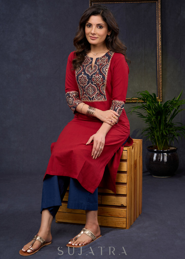 Elegant-Maroon-Cotton-Straight-Cut-Kurta-With-Ajrakh-Embroidered-Yoke--Pant-Optional