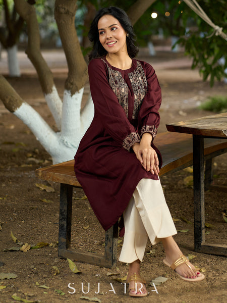Brown flowy Rayon Pleated Kurta with Contrast Ajrakh Yoke