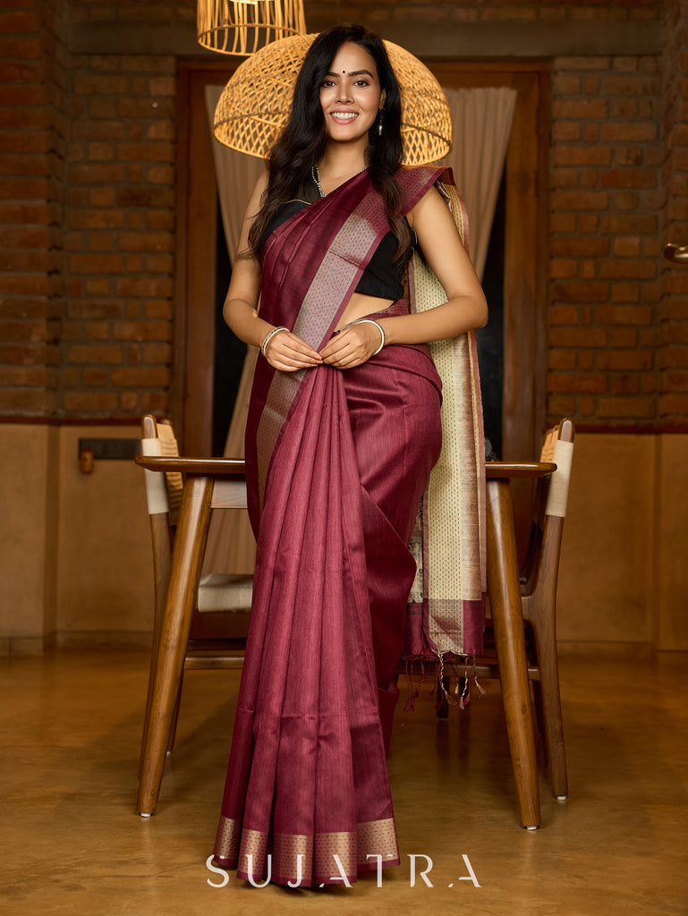 Heritage Ghicha silk in deep maroon, Madhubani-printed pallu elegance