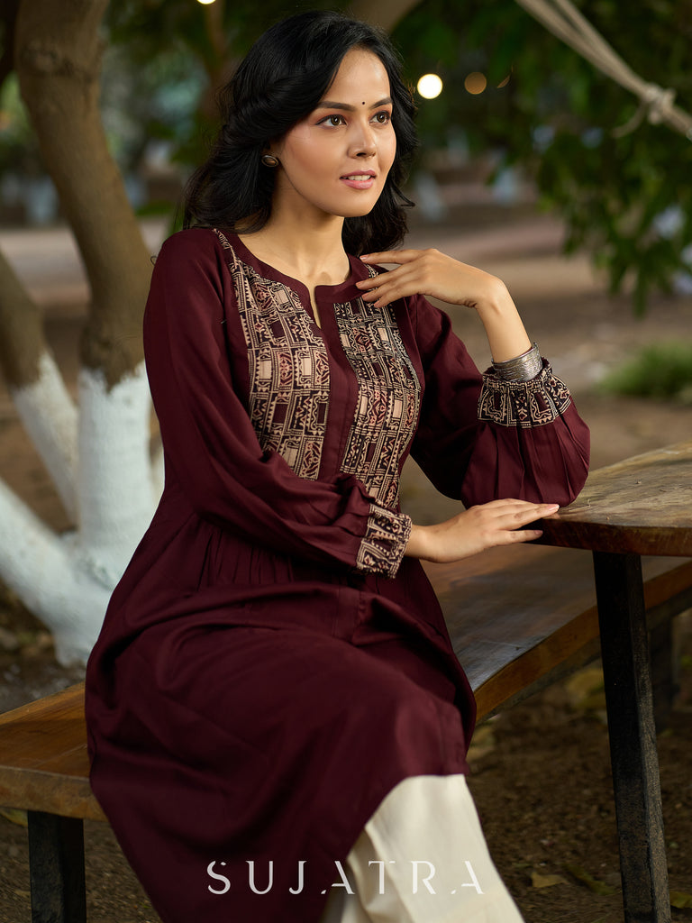 Brown flowy Rayon Pleated Kurta with Contrast Ajrakh Yoke