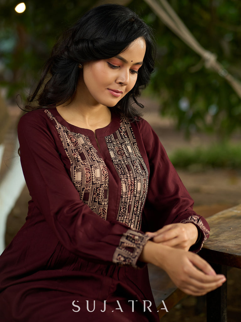 Brown flowy Rayon Pleated Kurta with Contrast Ajrakh Yoke