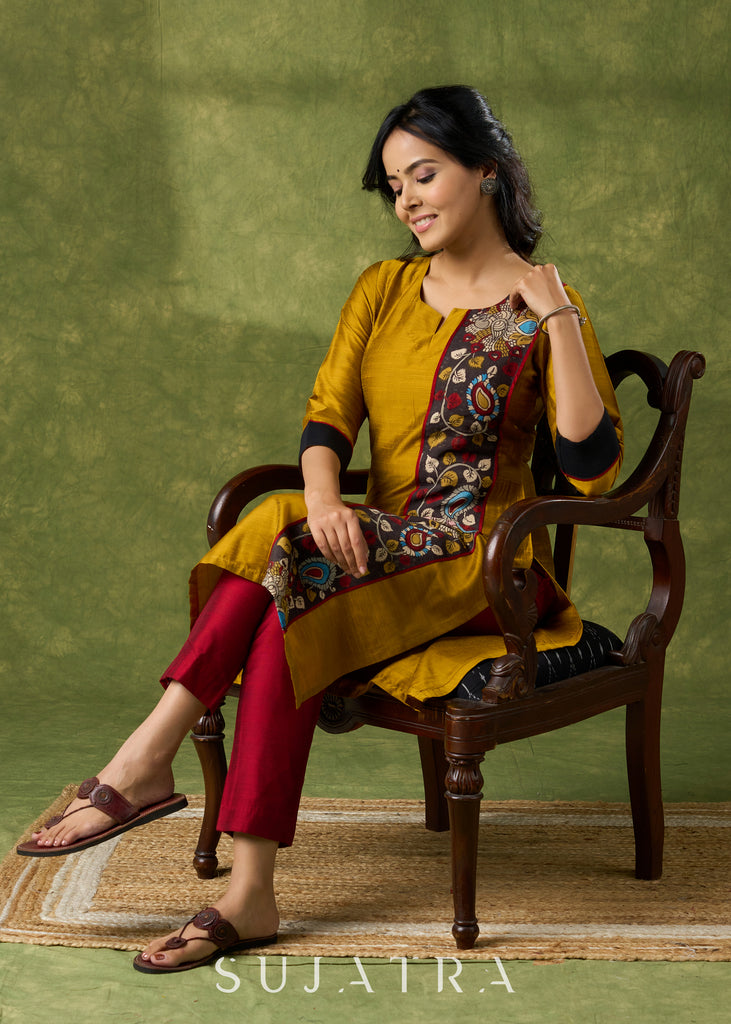Elegant Mustard Cotton Silk Kalamkari Kurta - Pant Optional