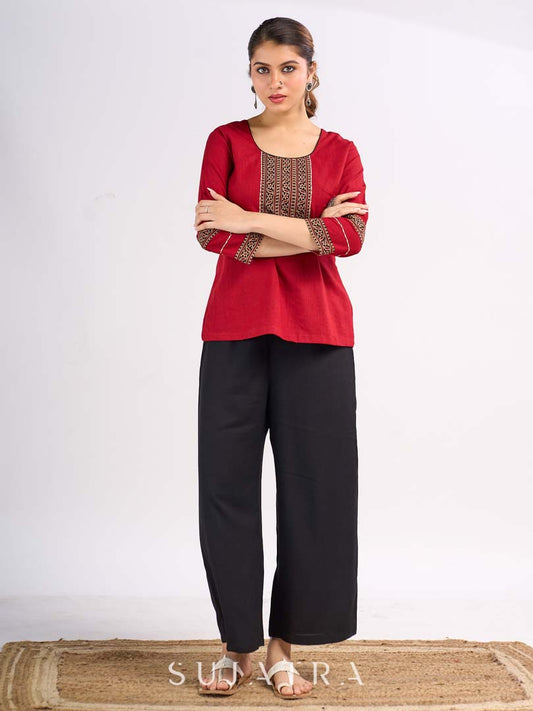 Maroon Cotton Top with Ajrakh Printed Panel & Bow Back Design