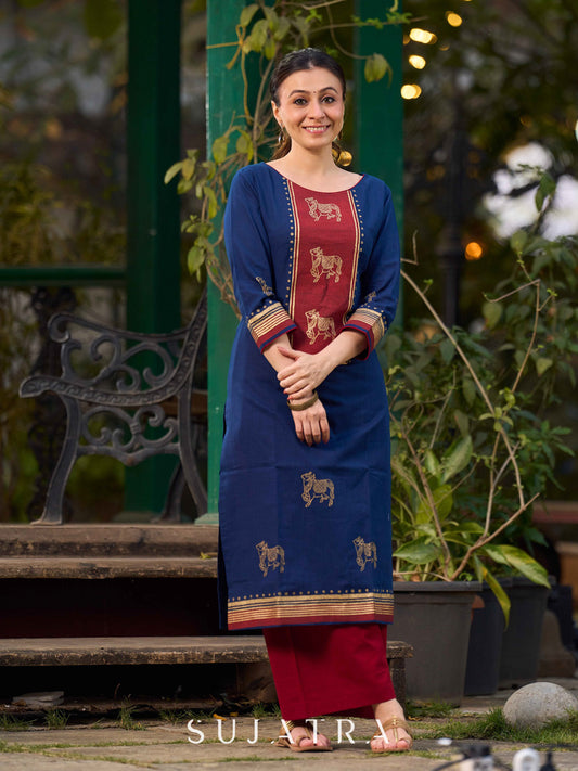 Classic Navy Blue Cotton Hand Block Printed Kurta With Exquisite Golden Pichwai Cow Print