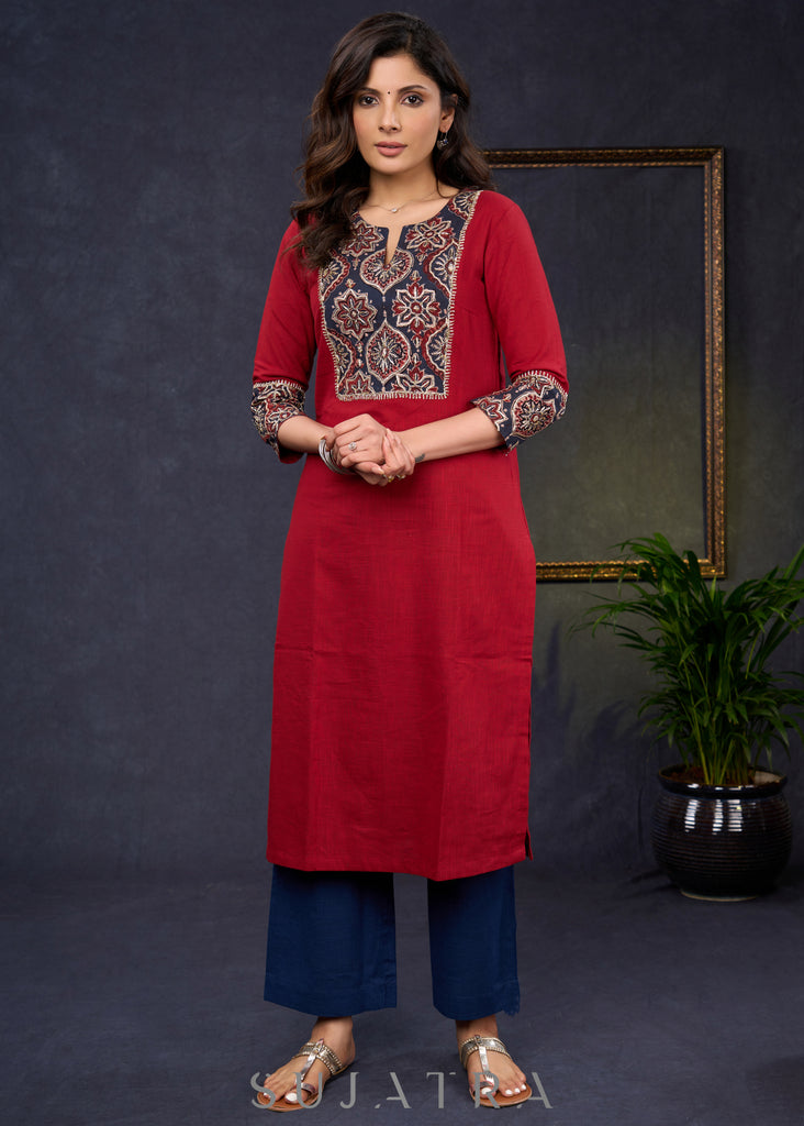 Elegant-Maroon-Cotton-Straight-Cut-Kurta-With-Ajrakh-Embroidered-Yoke--Pant-Optional