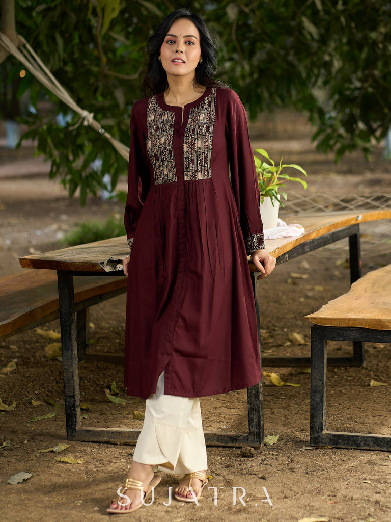 Brown flowy Rayon Pleated Kurta with Contrast Ajrakh Yoke