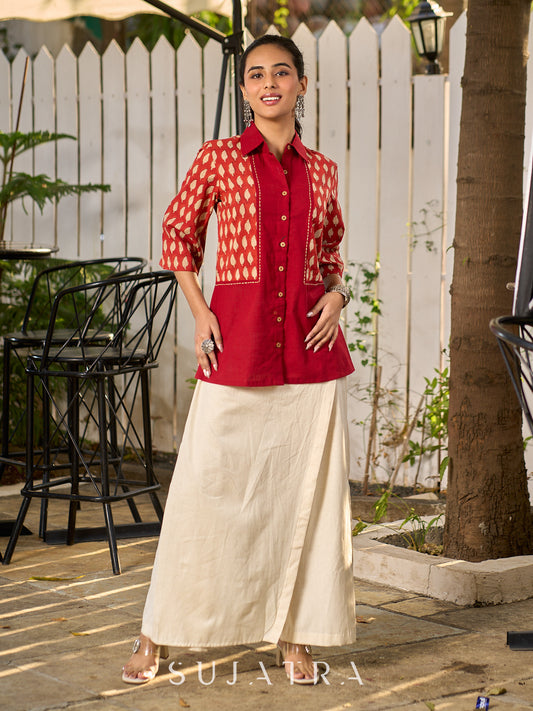 Deep Maroon Panelled Cotton Shirt Featuring Traditional Leaf Block Prints