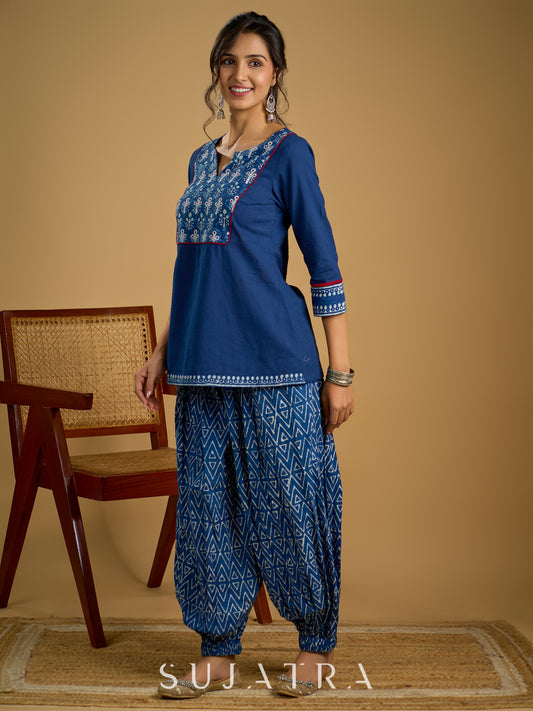 Stylish embroiderd cotton indigo top - Indigo balloon pant optional