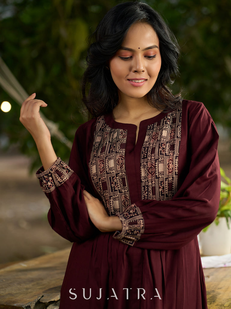 Brown flowy Rayon Pleated Kurta with Contrast Ajrakh Yoke