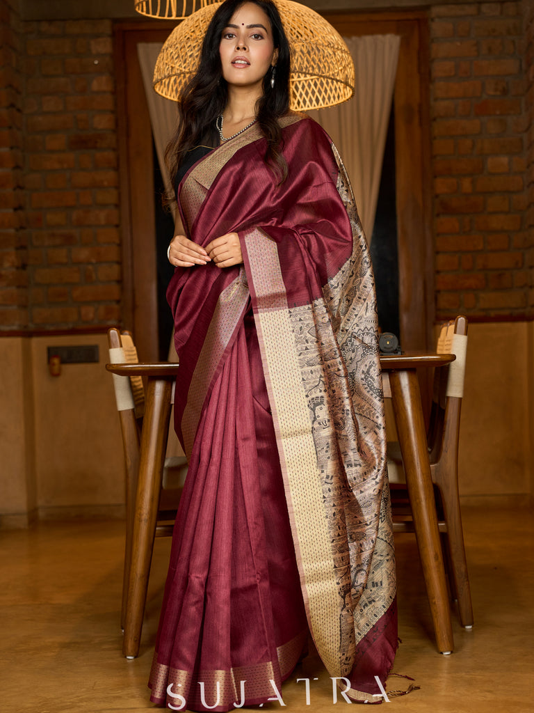 Heritage Ghicha silk in deep maroon, Madhubani-printed pallu elegance