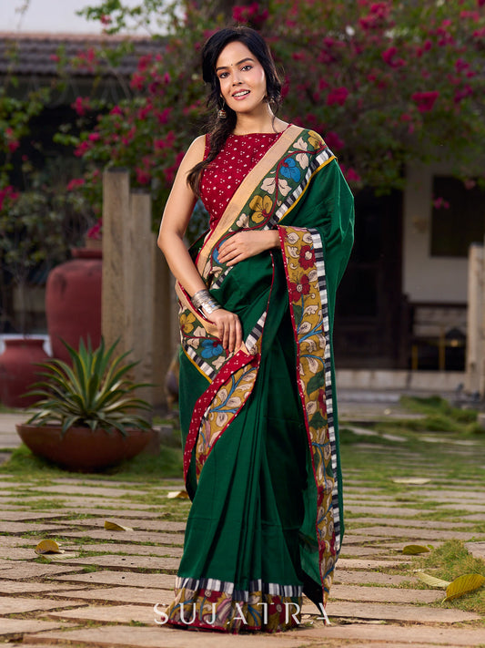 Classy Green Cotton Saree with Artisan Kalamkari Border