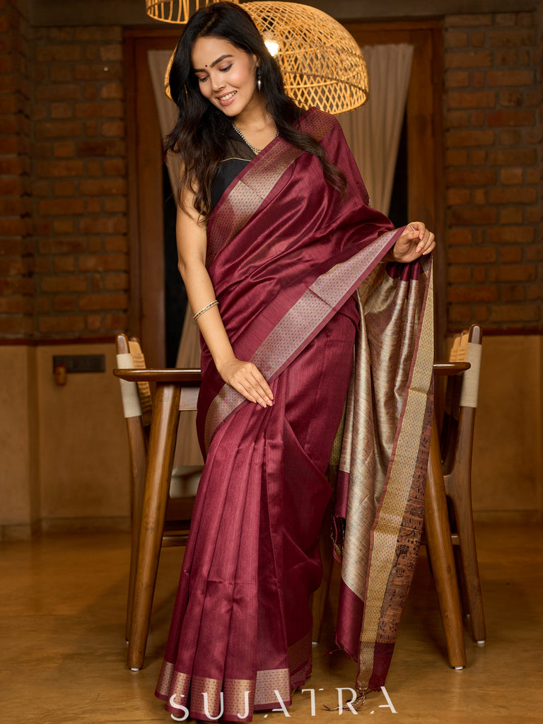 Heritage Ghicha silk in deep maroon, Madhubani-printed pallu elegance
