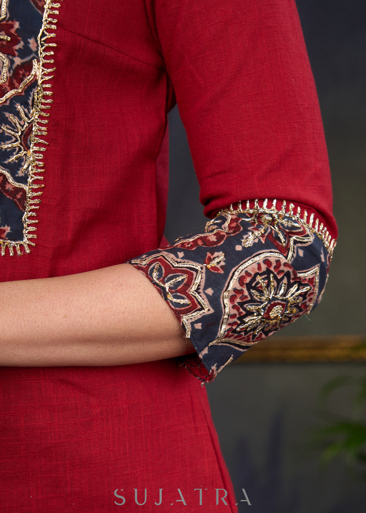 Elegant-Maroon-Cotton-Straight-Cut-Kurta-With-Ajrakh-Embroidered-Yoke--Pant-Optional