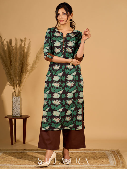 Blossomed Black Cotton Kurta with Contrasting Cuffs and Graceful Highlights