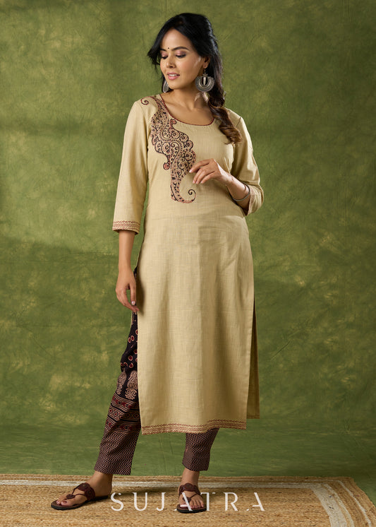 Classy Hand Block Printed Cotton Beige Kurta - Pant Optional