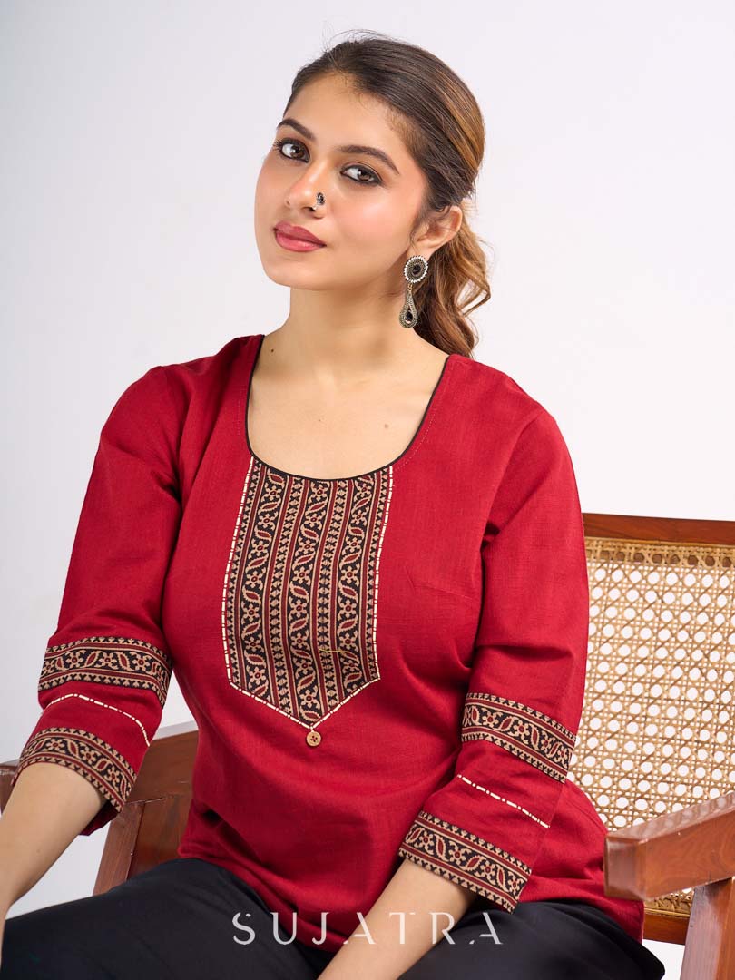 Maroon Cotton Top with Ajrakh Printed Panel & Bow Back Design