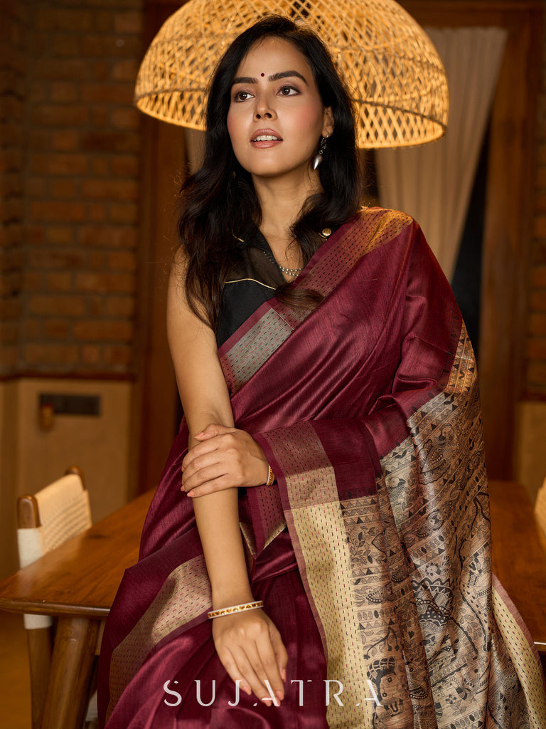 Heritage Ghicha silk in deep maroon, Madhubani-printed pallu elegance