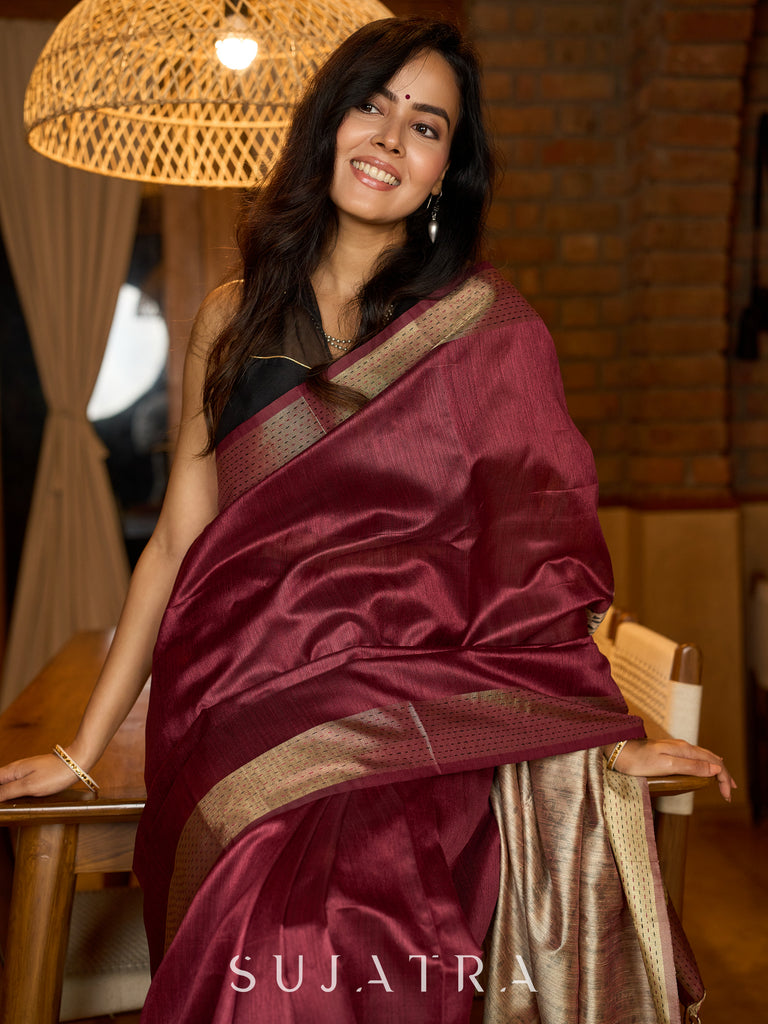 Heritage Ghicha silk in deep maroon, Madhubani-printed pallu elegance