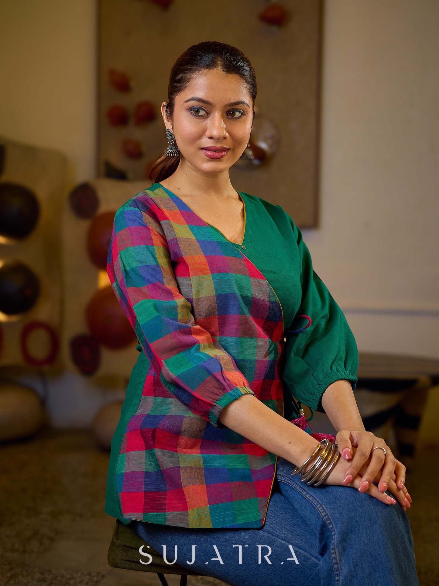 Vibrant Checkered Handloom Cotton Wrap Style Top with Plain Green Combination