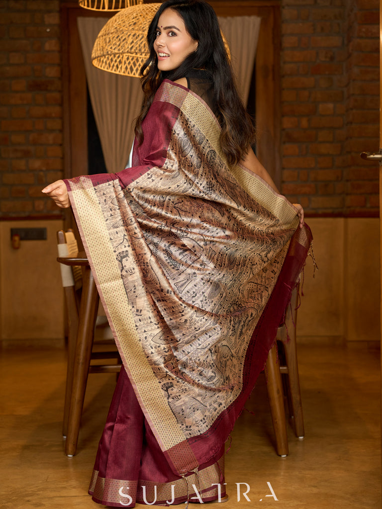 Heritage Ghicha silk in deep maroon, Madhubani-printed pallu elegance