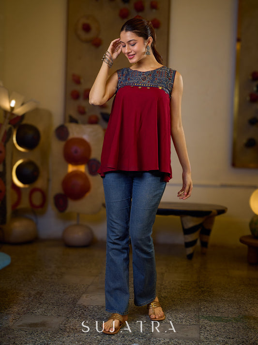 Exquisite Maroon Flared Top Featuring a Graceful Blue Ajrakh Yoke, Mirror Lace, and Delicate Silver Highlights