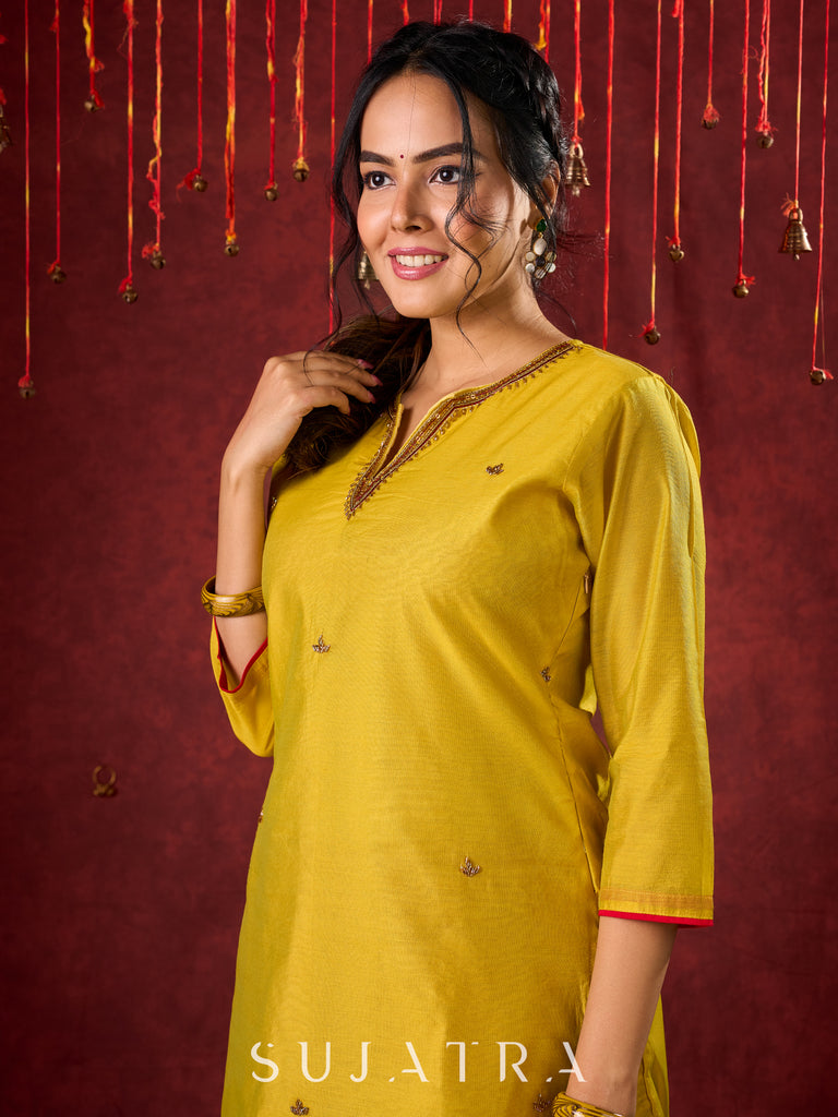 Stylish yellow Chanderi kurta featuring intricate handcrafted embroidery pant n dupatta optional