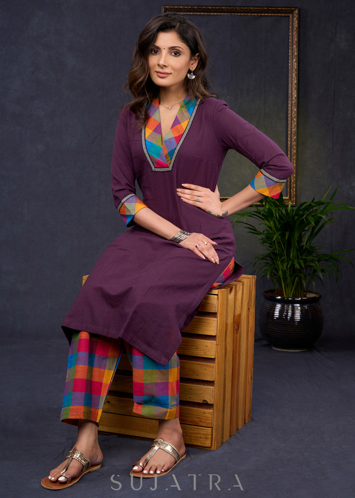 Elegant-Wine-Cotton-Straight-Cut-Kurta-Highlighted-With-Multicolour-Print-Design--Pant-Optional