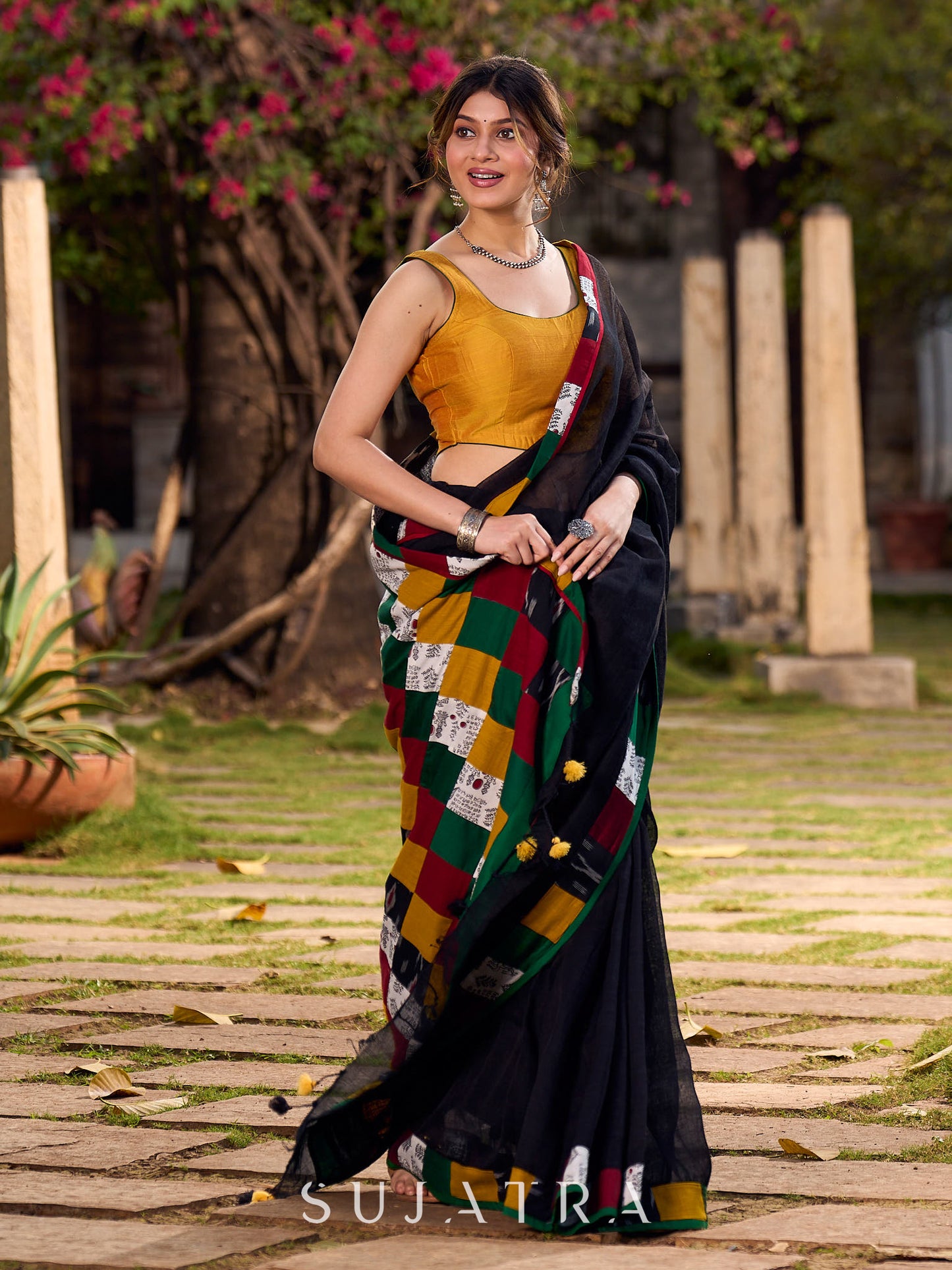 Graceful Black Cotton Saree with Vibrant Colorblock Patchwork