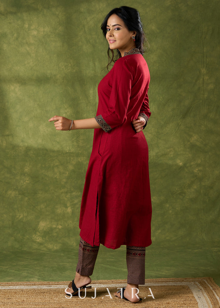 Trendy Maroon Cotton Ajrakh Pleated Kurta - Pant Optional