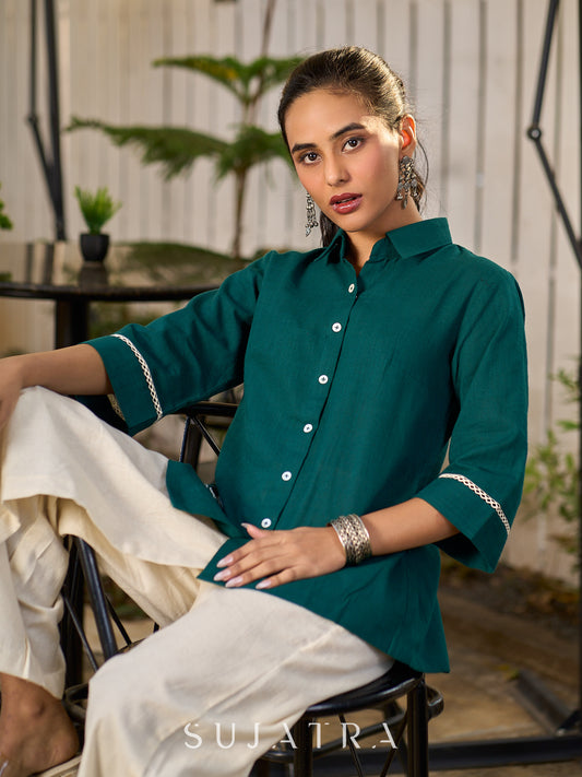 Classic Green Cotton Shirt Featuring Delicate Handcrafted Embroidery