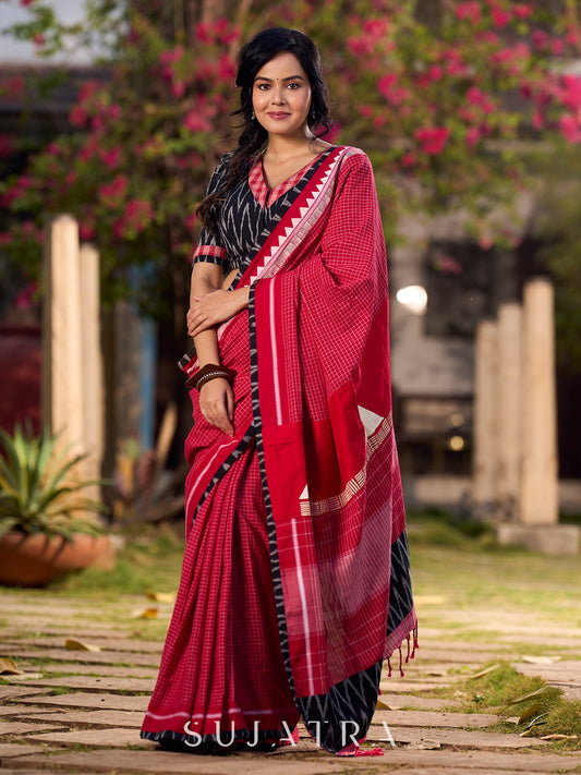 Chic Red Checkered Cotton Saree with Black Ikat Border