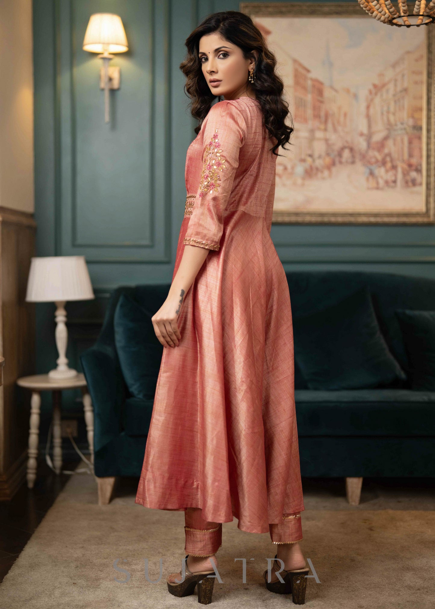 Beautifully Hand Embroidered Onion Pink Blended Silk Flared Kurta - Pant Optional