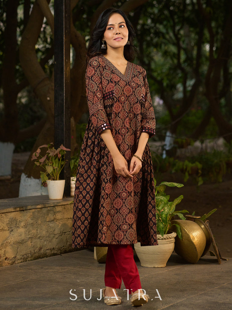 Black Ajrakh Kurta Adorned with Side Gathers and Delicate Mirror Highlights