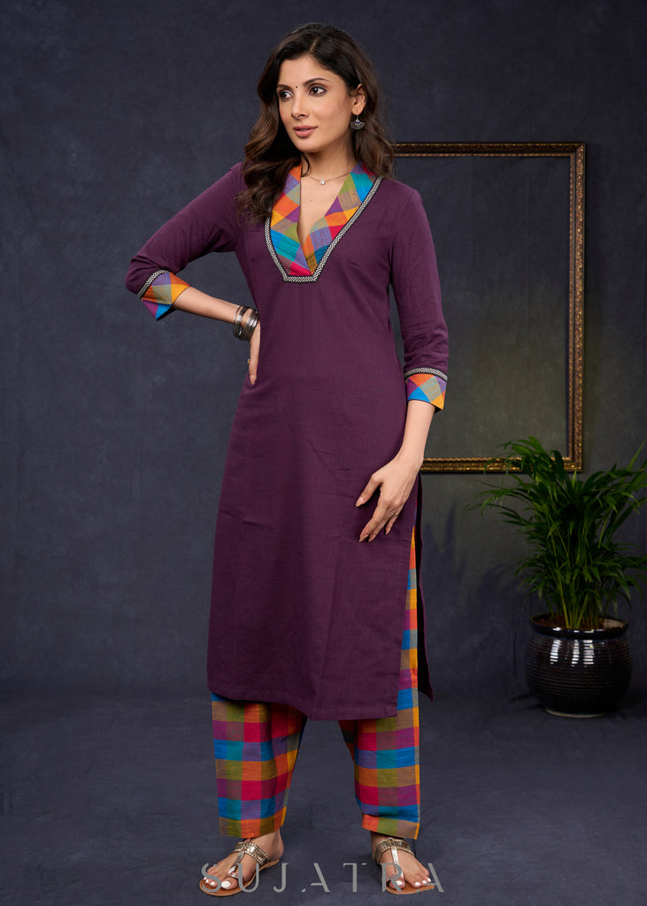 Elegant-Wine-Cotton-Straight-Cut-Kurta-Highlighted-With-Multicolour-Print-Design--Pant-Optional