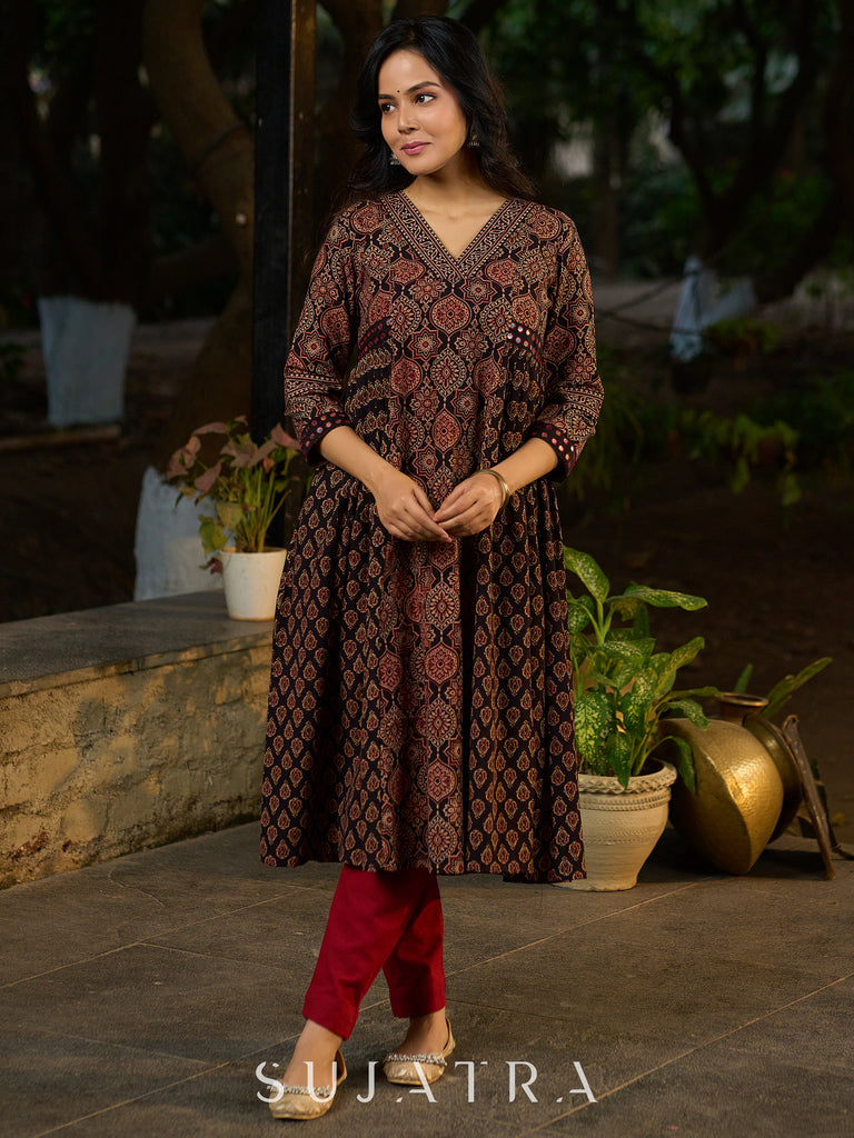 Black Ajrakh Kurta Adorned with Side Gathers and Delicate Mirror Highlights