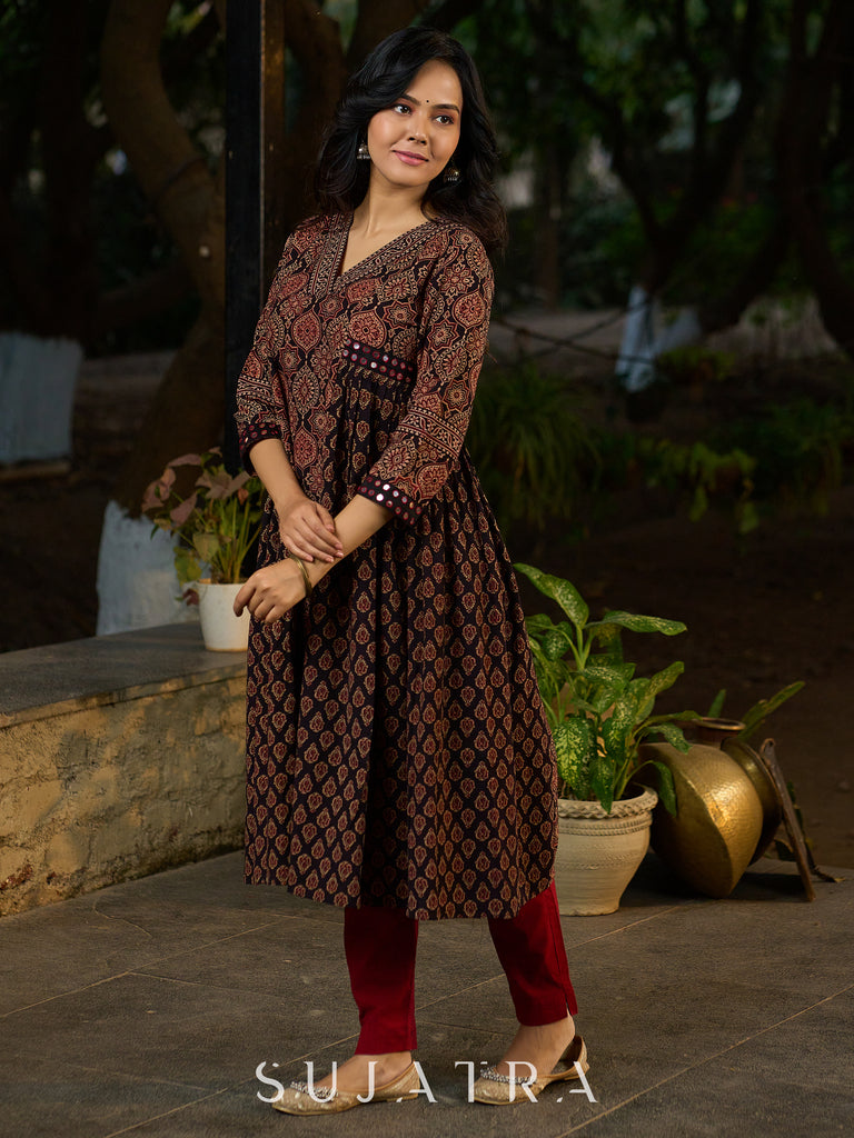 Black Ajrakh Kurta Adorned with Side Gathers and Delicate Mirror Highlights
