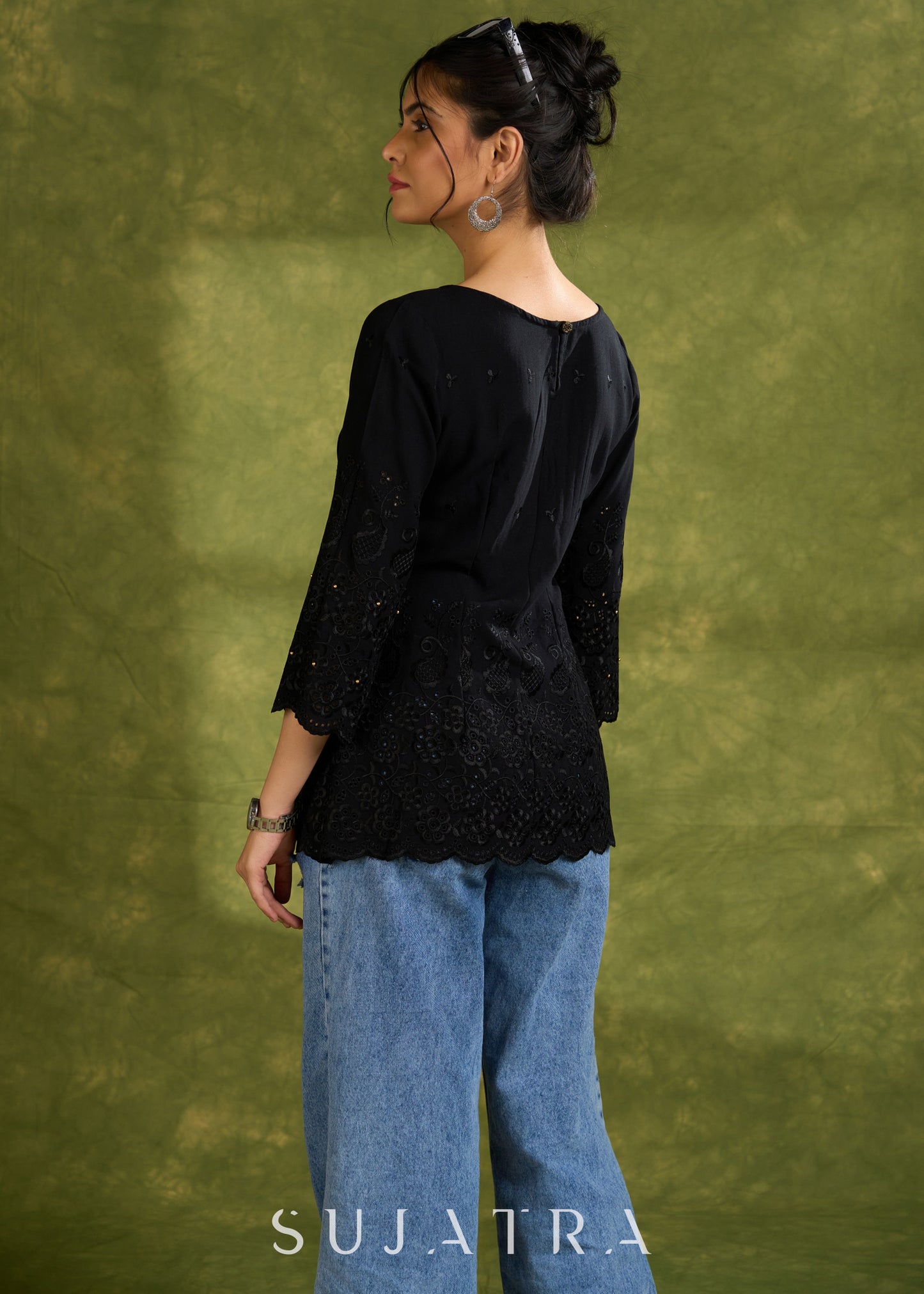 Black Hakoba Rayon Top With A Flared Silhouette, Pin-Tuck Detailing On The Front, And Scallop Sleeves