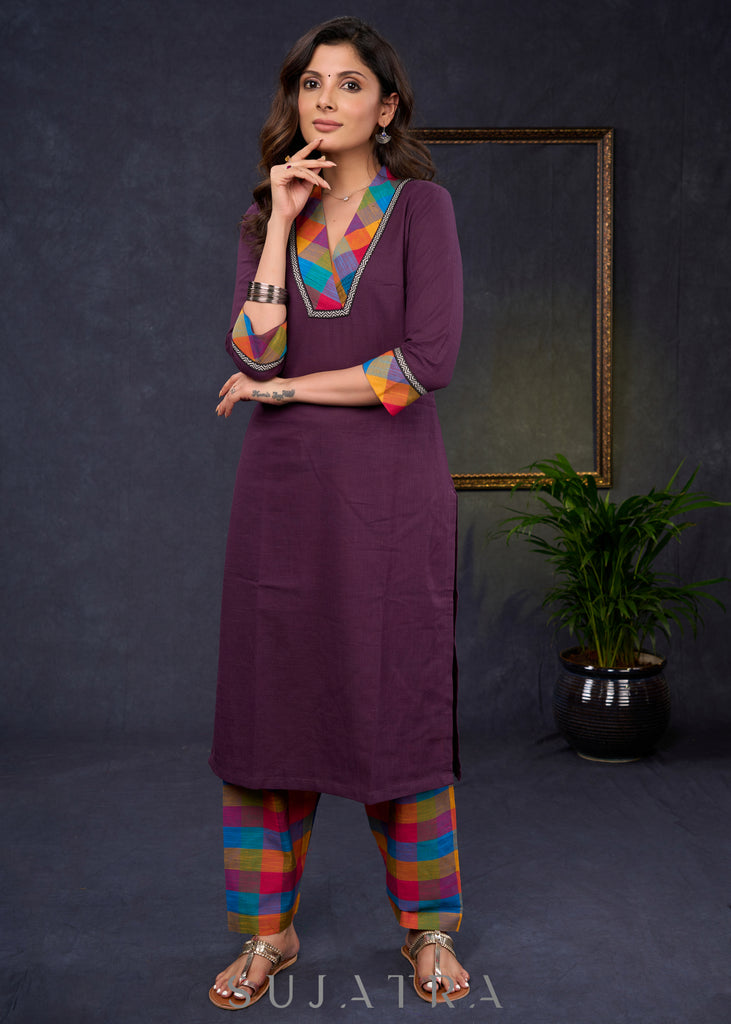 Elegant-Wine-Cotton-Straight-Cut-Kurta-Highlighted-With-Multicolour-Print-Design--Pant-Optional