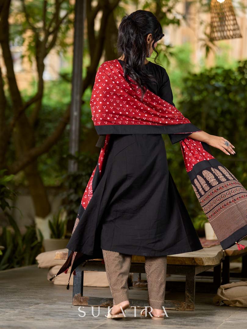 Elegant Maroon Bandhani Dupatta with Traditional Ajrakh Printed Border