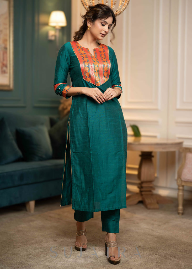 Beautiful Teal Cotton Silk Kurta With Brocade Yoke And Pant  - Dupatta Optional