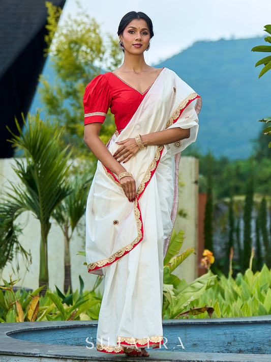 Traditional Ivory Chanderi Saree with Red-Gold Scalloped Border & Hand Embroidered Pallu