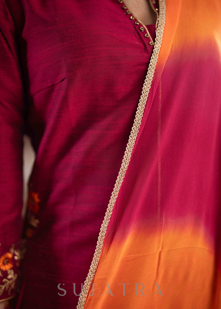 Beautiful Magenta Cotton Silk Pant &Kurta With Embroidery On Sides & Sleeves - Dupatta Optional