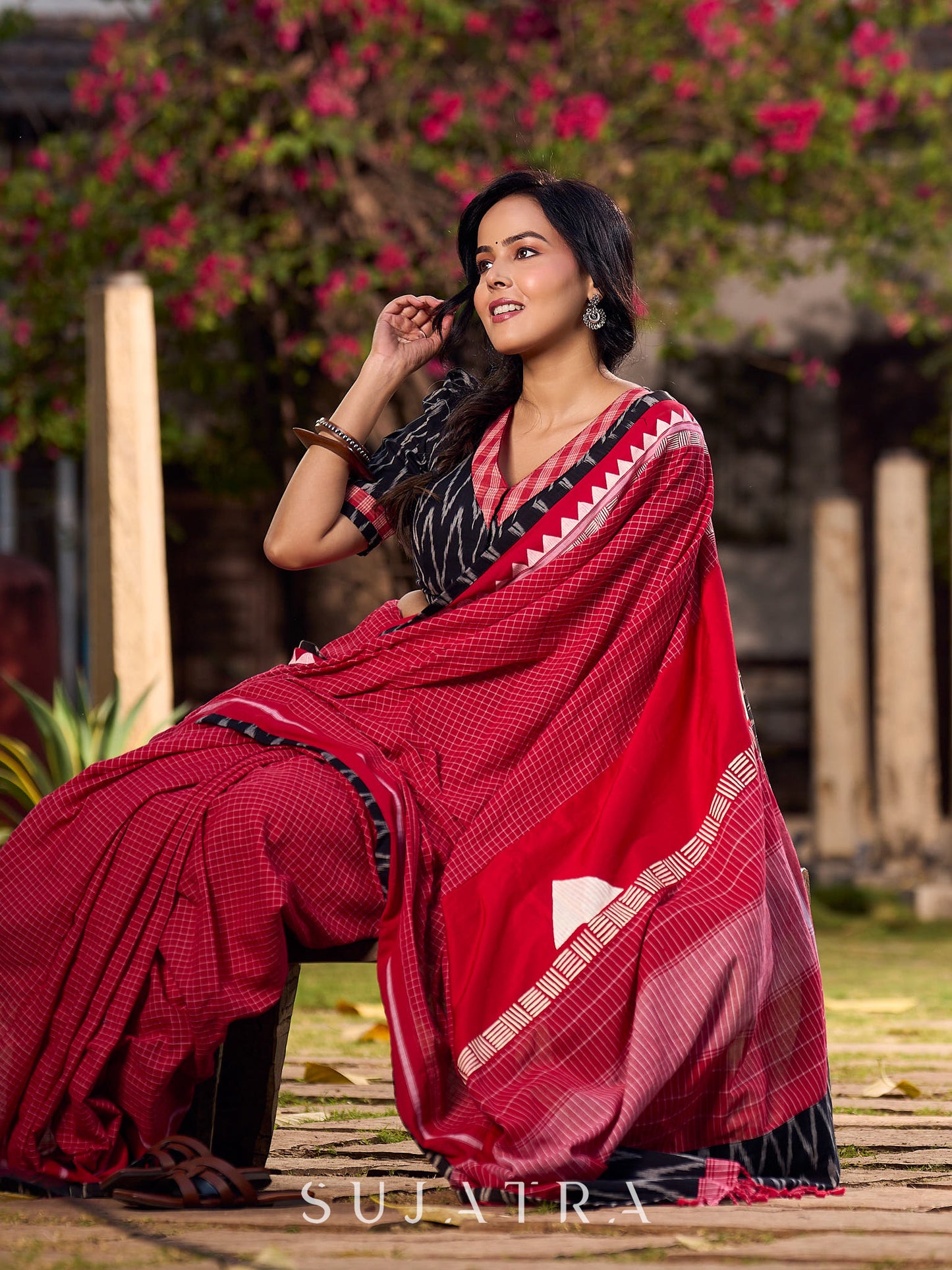 Chic Red Checkered Cotton Saree with Black Ikat Border