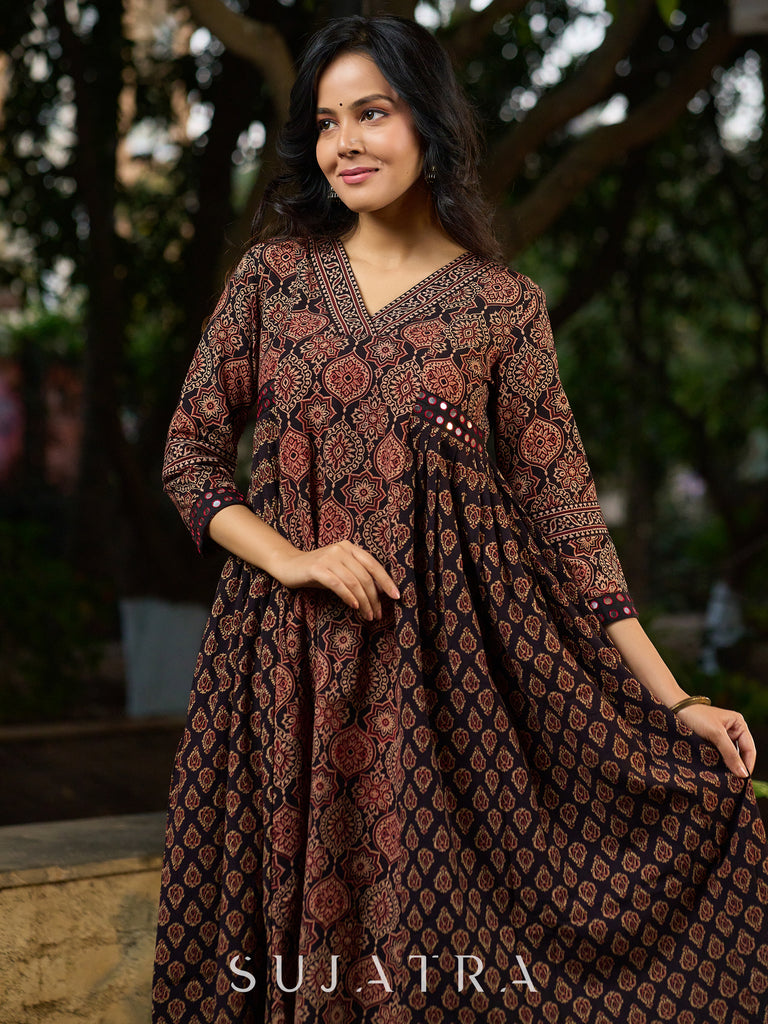 Black Ajrakh Kurta Adorned with Side Gathers and Delicate Mirror Highlights