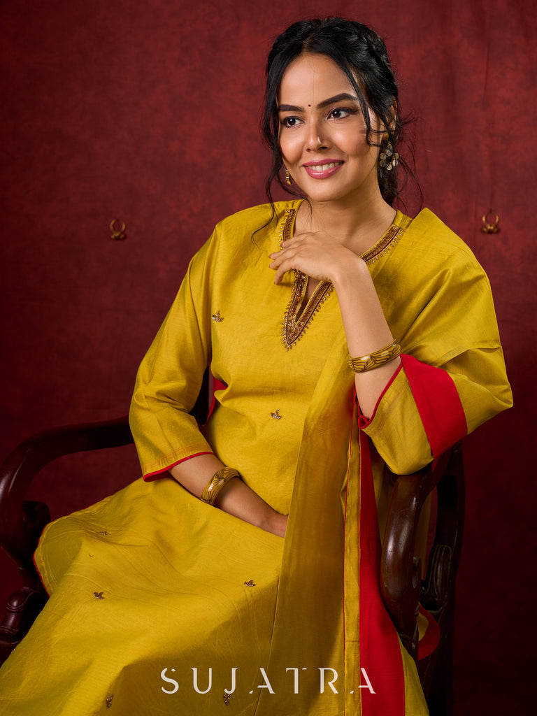 Stylish yellow Chanderi kurta featuring intricate handcrafted embroidery pant n dupatta optional